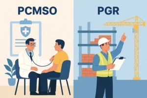 Ilustração mostrando a diferença entre PGR e PCMSO: engenheiro vistoriando riscos no canteiro de obras (PGR) e médico do trabalho realizando exame ocupacional (PCMSO)