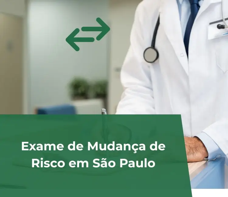 Imagem de médico escrevendo em documento, com texto sobre posto "exame de mudança de risco em são paulo"